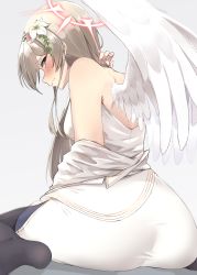Rule 34 | 1girl, 96nokimihito, absurdres, adjusting hair, angel wings, ass, back, black pantyhose, blue archive, blush, brown eyes, closed mouth, dress, flower, from behind, hair flower, hair ornament, halo, hand up, highres, light brown hair, long hair, looking at viewer, nagisa (blue archive), pantyhose, partially undressed, simple background, sitting, solo, white dress, white flower, white wings, wings, yokozuwari