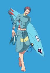 Rule 34 | 1boy, abs, barefoot, blue background, blue hair, creatures (company), earclip, fang, feraligatr, game freak, gen 2 pokemon, highres, jewelry, lip ring, looking at viewer, male focus, nintendo, personification, pokemon, red hair, ring, sandals, short hair, solo, surfboard, tattoo, toned, toned male, woborou, wristband, yellow eyes