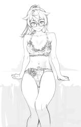 Rule 34 | 1girl, absurdres, arm support, bra, breasts, cleavage, collarbone, glasses, highres, hongdou 00, leaning back, light smile, lingerie, looking at viewer, medium breasts, medium hair, messy hair, mole, mole under mouth, monochrome, navel, on bed, original, panties, semi-rimless eyewear, sitting, solo, underwear, underwear only