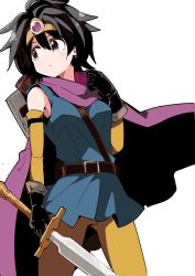 Rule 34 | 1girl, belt, black gloves, black hair, blue dress, breasts, cape, circlet, cowboy shot, detached sleeves, dragon quest, dragon quest iii, dress, earrings, gem, gloves, hair between eyes, hand up, holding, holding sword, holding weapon, jewelry, legs apart, long sleeves, looking away, looking to the side, medium breasts, orange pantyhose, pantyhose, purple cape, purple eyes, roto (dq3), sheath, shield, short dress, short hair, simple background, sleeveless, sleeveless dress, solo, sword, taniya raku, weapon, white background