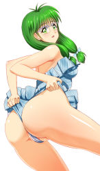 Rule 34 | 1girl, ass, bare shoulders, blue one-piece swimsuit, breasts, clothes pull, frontal wedgie, glasses, green eyes, green hair, kisaragi mio, medium breasts, one-piece swimsuit, one-piece swimsuit pull, pulling own clothes, shopyun, standing, swimsuit, tokimeki memorial, tokimeki memorial 1, twintails, wedgie, white background