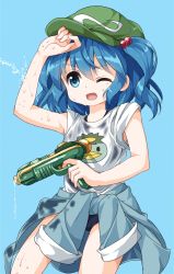 Rule 34 | 1girl, bad id, bad twitter id, blouse, blue background, blue eyes, blue hair, clothes around waist, cowboy shot, green hat, gun, hair between eyes, hair bobbles, hair ornament, hand to head, hand up, hat, highres, holding, holding gun, holding weapon, jacket, jacket around waist, kappa, kawashiro nitori, matching hair/eyes, one-piece swimsuit, one eye closed, ruu (tksymkw), shirt, short sleeves, simple background, solo, standing, swimsuit, swimsuit under clothes, thighs, touhou, two side up, water, water drop, water gun, weapon, wet, wet clothes, white shirt