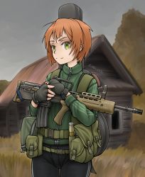 Rule 34 | 1girl, absurdres, assault rifle, bullpup, carbine, commentary, day, english commentary, fingerless gloves, freckles, gloves, green eyes, gun, hat, highres, jacket, l85, load bearing equipment, machine gun, orange hair, original, outdoors, rifle, sa80, short hair, solo, squad automatic weapon, stalker (game), track jacket, weapon, zap-nik