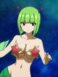 Rule 34 | 1girl, alternate form, bare arms, bare shoulders, blonde hair, blush, bra, bracelet, brandish mew, breasts, brown eyes, cleavage, closed mouth, collarbone, fairy tail, fins, fish tail, full body, green eyes, green hair, groin, hair tie, hand tattoo, hand up, jewelry, large breasts, long hair, looking down, matching hair/eyes, mermaid, mermaid tail, mermaid transformation, monster girl, multiple girls, navel, necklace, pearl bracelet, pearl necklace, screencap, short hair, sky, space, star (sky), star (symbol), starry sky, stitched, surprised, tail, tattoo, third-party edit, transformation, twintails, underboob, underwear