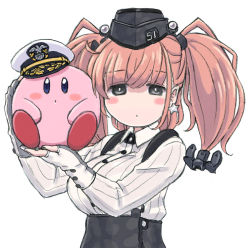 Rule 34 | 1girl, admiral (kancolle), anchor hair ornament, atlanta (kancolle), black headwear, blush stickers, breasts, brown hair, crossover, dress shirt, earrings, fukidamari no peke, garrison cap, gloves, grey eyes, hair ornament, hat, jewelry, kantai collection, kirby, kirby (series), large breasts, long hair, long sleeves, military hat, nintendo, non-human admiral (kancolle), partially fingerless gloves, shirt, simple background, single earring, skirt, star (symbol), star earrings, suspender skirt, suspenders, two side up, white background, white gloves, white shirt