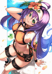 Rule 34 | 1girl, :p, ahoge, bare shoulders, bikini, breasts, fire emblem, fire emblem: path of radiance, fire emblem heroes, flower, from above, green eyes, hair between eyes, hair flower, hair ornament, hairband, hibiscus, highres, looking at viewer, medium breasts, mia (fire emblem), nakabayashi zun, nintendo, o-ring, official alternate costume, orange bikini, purple hair, sandals, sitting, smile, solo, swimsuit, tongue, tongue out, white hairband, wristband