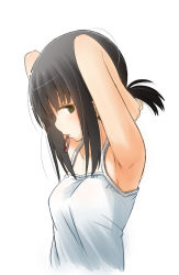 Rule 34 | 10s, 1girl, alternate costume, armpits, arms behind head, bare shoulders, black eyes, black hair, breasts, camisole, commentary, dated, fubuki (kancolle), fujisaki yuu, fujisaki yuu (faint wistaria), hair tie, kantai collection, long hair, low ponytail, ponytail, short ponytail, sidelocks, simple background, small breasts, solo, twitter username, tying hair, upper body, white background