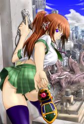 Rule 34 | 1girl, blue eyes, breasts, brown hair, city, from behind, gun, hair bobbles, hair ornament, handgun, large breasts, long hair, looking back, midriff, monster, no panties, original, pistol, pleated skirt, ponytail, purple eyes, shoes, skirt, solo, switch01, thighhighs, weapon, zettai ryouiki
