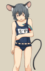 Rule 34 | 1girl, alternate costume, animal ear fluff, animal ears, blush, brown background, brown eyes, chagamaka, commentary request, feet out of frame, flat chest, goggles, grey hair, hair between eyes, highres, looking at viewer, mouse ears, mouse girl, mouse tail, name tag, nazrin, one-piece swimsuit, open mouth, short hair, simple background, solo, swimsuit, tail, touhou
