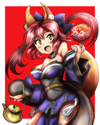 Rule 34 | 10s, 1girl, animal ears, bare shoulders, bow, breasts, cleavage, cup ramen, detached sleeves, fate/extra, fate (series), fox ears, fox tail, hair bow, hair ribbon, haku (grimjin), highres, instant udon, japanese clothes, large breasts, maruchan akai kitsune udon, open mouth, pink hair, ribbon, solo, standing, tail, tamamo (fate), tamamo no mae (fate/extra), teapot, tongue, twintails, yellow eyes