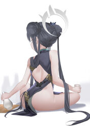 Rule 34 | 1girl, ass, back cutout, bare arms, black dress, blue archive, butterfly hair ornament, choko (cup), clothing cutout, cup, double bun, dragon print, dress, from behind, fuyouchu, hair bun, hair ornament, halo, highres, holding, holding cup, kisaki (blue archive), long hair, pelvic curtain, simple background, sitting, sleeveless, sleeveless dress, solo, tokkuri, twintails, very long hair, white background