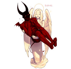 Rule 34 | 1boy, 1girl, angel, angel wings, assertive female, barefoot, closed eyes, colored skin, demon, demon boy, demon horns, demon tail, demon wings, feathered wings, full body, halo, highres, horns, long hair, muscular, muscular male, nude, open mouth, original, red skin, rinotuna, shadow, simple background, smile, sparkle, standing, tail, translation request, white background, white wings, wings