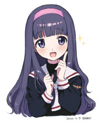 Rule 34 | 1girl, 6sb, :d, black shirt, black sweater, blunt bangs, blush, cardcaptor sakura, commentary request, cropped torso, daidouji tomoyo, dated, hairband, hands up, long hair, long sleeves, looking at viewer, neckerchief, open mouth, pink hairband, purple eyes, purple hair, sailor collar, school uniform, shirt, simple background, smile, solo, sparkle, sweater, tomoeda elementary school uniform, turtleneck, turtleneck sweater, twitter username, upper body, white background, white neckerchief, white sailor collar