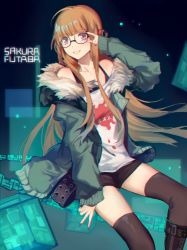Rule 34 | 10s, 1girl, absurdres, adjusting eyewear, ahoge, bad id, bad pixiv id, bare shoulders, black-framed eyewear, black nails, black shorts, black thighhighs, blunt bangs, boots, character name, chromatic aberration, cross-laced footwear, feet out of frame, fur collar, glasses, green jacket, headphones, highres, jacket, lace-up boots, lanlanlu (809930257), long hair, long sleeves, looking at viewer, nail polish, off shoulder, persona, persona 5, purple eyes, sakura futaba, shirt, shorts, simple background, smile, solo, straight hair, tank top, teeth, thighhighs, v, white background, white shirt