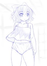 Rule 34 | 1girl, arm behind back, bare legs, bare shoulders, bow, camisole, cirno, flat chest, hair between eyes, hair bow, kasuga yukihito, monochrome, navel, panties, short hair, solo, touhou, underwear, underwear only