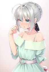 Rule 34 | 1girl, ahoge, alternate costume, bare shoulders, black ribbon, blush, box, braid, collarbone, commentary request, dress, earrings, fate (series), formal, french braid, gift, gift box, gray (fate), green dress, green eyes, grey hair, hair between eyes, hair ribbon, holding, holding box, holding gift, jewelry, lips, looking away, lord el-melloi ii case files, nullken, parted lips, ribbon, short hair, solo, star (symbol), star earrings