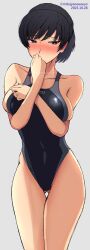 Rule 34 | 1girl, absurdres, aged up, amagami, arms under breasts, bare shoulders, black eyes, black hair, black one-piece swimsuit, blue one-piece swimsuit, blush, breasts, collarbone, commentary, competition swimsuit, covering own mouth, dated, embarrassed, gluteal fold, grey background, hand to own mouth, highleg, highleg swimsuit, highres, large breasts, mitojyaneeeeyo, navel, one-piece swimsuit, short hair, simple background, solo, swimsuit, thighs, tsukahara hibiki, twitter username, two-tone swimsuit