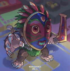 absurdres blurry blurry_background body_fur boomerang chibi cwdw digimon digimon_(creature) highres holding_boomerang mask monkey sepikmon solo standing