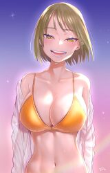 Rule 34 | 1girl, absurdres, bikini, breasts, brown eyes, brown hair, cleavage, collarbone, commentary, head tilt, highres, large breasts, midriff, navel, off shoulder, open mouth, original, see-through, see-through shawl, shawl, sky, smile, solo, star (sky), starry sky, swimsuit, symbol-only commentary, terano haruma, wet, yellow bikini