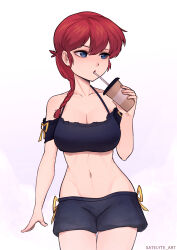 Rule 34 | 1girl, absurdres, arm at side, artist name, bare shoulders, black bra, black shorts, blue eyes, bra, braid, breasts, cleavage, coffee cup, collarbone, cup, disposable cup, drinking, drinking straw, drinking straw in mouth, frilled bra, frills, hair between eyes, highres, holding, holding cup, large breasts, long hair, looking to the side, midriff, navel, off-shoulder shirt, off shoulder, ranma-chan, ranma 1/2, red hair, satelyte, shirt, shorts, side-tie shorts, solo, standing, underwear