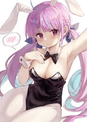Rule 34 | 1girl, animal ears, black leotard, blue hair, bow, bowtie, breasts, cleavage, commentary request, detached collar, highres, hololive, leotard, long hair, looking at viewer, medium breasts, minato aqua, multicolored hair, pantyhose, playboy bunny, rabbit ears, solo, spoken blush, strapless, strapless leotard, tazaki yokka, two-tone hair, variant set, virtual youtuber, white pantyhose, wrist cuffs