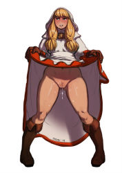 Rule 34 | 1girl, blonde hair, blush, boots, brown gloves, brown hair, clothes lift, dress, dress lift, exhibitionism, female pubic hair, final fantasy, final fantasy tactics, full body, gloves, hair over shoulder, hood, knee boots, long hair, navel, no panties, pigeon-toed, pubic hair, public indecency, pussy, pussy juice, robe, simple background, solo, standing, stomach, sweat, triuni, twintails, uncensored, white mage, white mage (fft), white mage (final fantasy)
