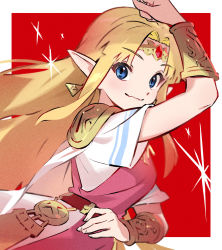 Rule 34 | 1girl, arm up, armor, belt, blanco026, blue eyes, border, bracer, closed mouth, dress, earrings, forehead jewel, highres, jewelry, looking at viewer, nintendo, outside border, parted bangs, pauldrons, pointy ears, princess zelda, red background, short sleeves, shoulder armor, sidelocks, simple background, smile, solo, tabard, the legend of zelda, the legend of zelda: a link between worlds, the legend of zelda: a link to the past, upper body, white border, white dress