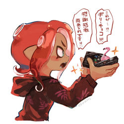 Rule 34 | 1girl, agent 8 (splatoon), bird, blush, box, chocolate, dark-skinned female, dark skin, flamingo, gift, gift box, holding, holding gift, hood, hood down, hoodie, incoming gift, long sleeves, mask, medium hair, nintendo, obligation chocolate, octoling, octoling girl, octoling player character, open mouth, pointy ears, red hair, short eyebrows, solo, splatoon (series), splatoon 2, splatoon 2: octo expansion, squidbeak splatoon, suction cups, tentacle hair, tona bnkz, translation request, valentine