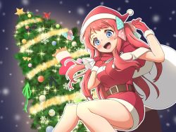 Rule 34 | 1girl, belt, black belt, blue eyes, bow, capelet, christmas, christmas ornaments, christmas tree, commentary request, dress, floating, fur-trimmed capelet, fur trim, garland (decoration), gloves, green bow, hair bow, hat, highres, long hair, looking at viewer, minamoto sakura, one side up, open mouth, outline, pink bow, polka dot, polka dot bow, red capelet, red dress, red gloves, red hair, red hat, santa dress, santa gloves, santa hat, short dress, smile, snowing, solo, star ornament, two-tone bow, white outline, yuuyrx, zombie land saga