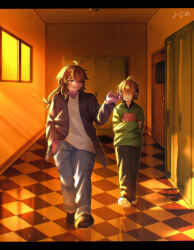 1girl 1other black_pants blue_pants brown_hair checkered_floor colored_skin covered_eyes deltarune evening green_sweater grin hallway hands_in_pockets highres jacket kris_(deltarune) long_hair pants purple_skin short_hair smile susie_(deltarune) sweater torn_clothes torn_pants walking window yoshino_(q_sci)