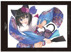 Rule 34 | 1girl, absurdres, animal ear fluff, animal ears, black hair, blue eyes, floral print, fur trim, guilty princess, hagoita, hair ornament, highres, holding, japanese clothes, kimono, looking at viewer, non-web source, open mouth, paddle, sandals, scan, short hair, simple background, smile, solo, tabi, tony taka, white legwear, wide sleeves