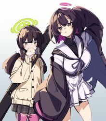 Rule 34 | 2girls, arm up, baozi, black hair, black jacket, black shirt, brown cardigan, brown eyes, cardigan, commentary request, copyright request, eating, food, gradient background, grey background, grey skirt, halo, hand up, highres, holding, holding food, jacket, long sleeves, multicolored hair, multiple girls, natsuki teru, open clothes, open jacket, plaid, plaid skirt, pleated skirt, puffy long sleeves, puffy sleeves, purple hair, sailor collar, school uniform, serafuku, shirt, skirt, sleeves past fingers, sleeves past wrists, steam, two-tone hair, undershirt, white background, white sailor collar, white serafuku, white shirt, white skirt