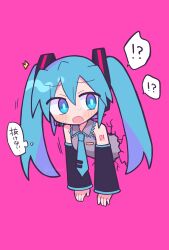 Rule 34 | !?, 1girl, black sleeves, blue eyes, blue hair, blue necktie, blush, chibi, commentary request, detached sleeves, glory wall, hatsune miku, highres, long hair, long sleeves, looking back, necktie, number tattoo, pink background, pink theme, rabbit hole (vocaloid), richard (richaball), shirt, simple background, sleeveless, sleeveless shirt, solo, speech bubble, stuck, tattoo, through wall, translation request, twintails, vocaloid