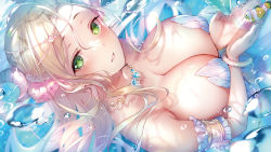 Rule 34 | 1girl, air bubble, armband, bare shoulders, blonde hair, blush, bracelet, breasts, bubble, character request, cleavage, clownfish, collarbone, commentary request, earrings, fish, green eyes, hair ornament, highres, horns, iris mysteria!, jewelry, large breasts, long hair, looking at viewer, necklace, own hands together, parted lips, pyon-kichi, smile, solo, strapless, tropical fish, underwater, water