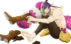 Rule 34 | 1boy, abs, barefoot, boots, character name, charlotte cracker, cracker, food, gloves, unworn gloves, hair bun, highres, living (pixiv5031111), male focus, one piece, pink eyes, purple hair, scar, simple background, single hair bun, sitting, solo, teeth, topless male, white background