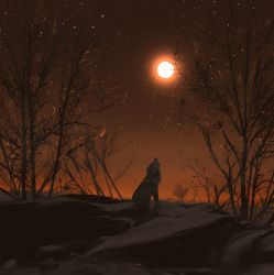 Rule 34 | animal, bare tree, commentary, full moon, highres, looking up, moon, night, night sky, no humans, open mouth, orange sky, original, outdoors, scenery, sky, snatti, star (sky), starry sky, tree, wolf