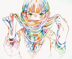 Rule 34 | 1girl, covering own mouth, green eyes, hands up, hatching (texture), holding, holding own hair, long sleeves, looking at viewer, original, sailor collar, school uniform, serafuku, signature, simple background, solo, sweater, traditional media, uniform, watanabe tomari, white background