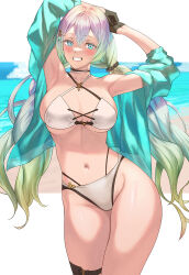 Rule 34 | 1girl, aqua jacket, armpits, arms up, bare shoulders, beach, bikini, black gloves, blush, breasts, choker, cleavage, collarbone, cupitan (granblue fantasy), cupitan (summer) (granblue fantasy), gloves, gradient hair, granblue fantasy, green eyes, green hair, grey hair, grin, highres, jacket, large breasts, long hair, long sleeves, looking at viewer, low twintails, multicolored hair, navel, off shoulder, official alternate costume, open clothes, open jacket, shore, smile, solo, stomach, swimsuit, tekkai blade, thigh strap, thighs, twintails, very long hair, white bikini