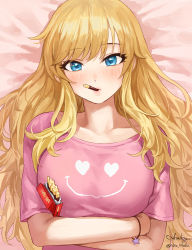 Rule 34 | 1girl, artist name, bed sheet, blonde hair, blue eyes, blush, breasts, closed mouth, collarbone, commentary request, crossed arms, food, food in mouth, heart, heart print, highres, idolmaster, idolmaster cinderella girls, large breasts, long hair, looking at viewer, lying, messy hair, nhaliz, ohtsuki yui, on back, pink shirt, pocky, pocky day, print shirt, shirt, short sleeves, signature, solo, t-shirt, upper body
