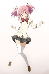 Rule 34 | 10s, 1girl, :d, blush, gradient background, highres, kaname madoka, kinfuji, looking at viewer, mahou shoujo madoka magica, mahou shoujo madoka magica (anime), official style, open mouth, pink eyes, pink hair, school uniform, short hair, sidelocks, simple background, smile, solo, thighhighs, twintails, white thighhighs, zettai ryouiki