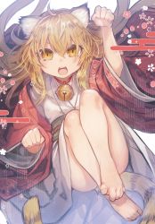 Rule 34 | 1girl, animal ears, barefoot, bell, blonde hair, chinese zodiac, choker, green sash, hand up, haori, highres, japanese clothes, jingle bell, kimono, komota (kanyou shoujo), long hair, looking at viewer, neck bell, obi, open mouth, original, paw pose, red choker, sash, solo, tail, tiger ears, tiger tail, toe scrunch, white kimono, year of the tiger, yellow eyes
