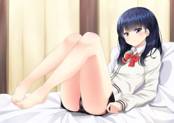 Rule 34 | 10s, 1girl, absurdres, bare legs, barefoot, bed, black hair, black panties, black skirt, bow, cardigan, closed mouth, collared shirt, commentary, feet, gridman universe, head tilt, highres, ikazu401, indoors, knees up, long hair, long sleeves, lying, on back, on bed, panties, pillow, pleated skirt, purple eyes, red bow, shirt, skirt, solo, ssss.gridman, takarada rikka, toenails, underwear, white cardigan, white shirt