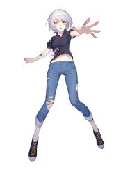 Rule 34 | 1girl, absurdres, android, damaged, full body, highres, looking at viewer, mechanical parts, original, reaching, reaching towards viewer, rekaerb maerd, science fiction, short hair, silver hair, simple background, solo, torn clothes, yellow eyes
