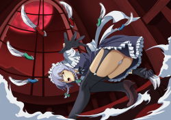 Rule 34 | 1girl, ass, black thighhighs, braid, dress, embodiment of scarlet devil, female focus, frilled dress, frills, full moon, garter straps, gloves, highres, holding, holding weapon, izayoi sakuya, kneepits, knife, maid, maid headdress, moon, open mouth, panties, pantyshot, red eyes, shoes, short hair, silver hair, solo, thighhighs, thighs, throwing knife, touhou, twin braids, underwear, weapon, window, zqhzx