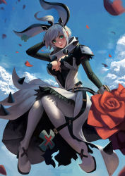 Rule 34 | 1girl, ahoge, animal ears, belt, black headwear, blue sky, boots, breasts, rabbit ears, cleavage, clothing cutout, cloud, clover, collar, cross, dress, elphelt valentine, fake animal ears, flower, four-leaf clover, green eyes, guilty gear, guilty gear xrd, high heels, large breasts, petals, phamoz, rose, short hair, sky, smile, solo, spiked collar, spikes, thigh boots, thighhighs, wedding dress, white hair