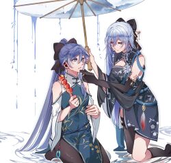 Rule 34 | 2girls, alternate costume, black ribbon, black thighhighs, blue eyes, breasts, chinese clothes, cleaning, closed mouth, commentary request, company connection, detached sleeves, earrings, eating, elbow gloves, food, fu hua, gloves, grey hair, hair between eyes, hand on another&#039;s chin, highres, holding, holding umbrella, honkai: star rail, honkai (series), honkai impact 3rd, implied yuri, jewelry, jingliu (honkai: star rail), kneeling, long hair, looking at another, medium breasts, multiple girls, par sato, red eyes, ribbon, simple background, single thighhigh, sitting, small breasts, stick, thighhighs, umbrella, very long hair, white background, white hair