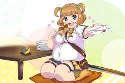 Rule 34 | 1girl, artist request, big belly, blue eyes, blunt bangs, breasts, brown hair, cup, cushion, dishes, dot nose, fat, flower-shaped pupils, food, food on face, full body, hasebe shikiri, highres, holding, holding food, holding plate, kneehighs, looking at viewer, medium breasts, medium hair, official art, open mouth, outstretched arm, plate, seiza, shinken!!, shirt, short sleeves, sitting, skewer, smile, socks, solo, star-shaped pupils, star (symbol), symbol-shaped pupils, table, tareme, taut clothes, taut shirt, tea, teacup, thick arms, thick thighs, thigh strap, thighs, two side up