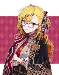 Rule 34 | 1girl, blonde hair, bracelet, cloak, crossed arms, earrings, glasses, hair ribbon, highres, hololive, hololive indonesia, jewelry, kaela kovalskia, kaela kovalskia (business casual), long hair, mitsumine (ookami no oyashiro), necklace, necktie, official alternate costume, official alternate hairstyle, one side up, pendant, red eyes, red necktie, ribbon, smile, solo, upper body, virtual youtuber