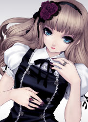 Rule 34 | 1girl, blonde hair, blue eyes, blunt bangs, buttons, double-breasted, expressionless, flower, gem, gothic lolita, gradient background, hair flower, hair ornament, hairband, jewelry, kunishige keiichi, lace, lips, lolita fashion, long hair, looking at viewer, makeup, nail polish, neck ribbon, original, puffy short sleeves, puffy sleeves, purple flower, purple nails, purple rose, ribbon, ring, rose, short sleeves, solo, upper body, wavy hair