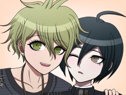 Rule 34 | 2boys, :d, :o, ahoge, amami rantaro, brown eyes, collarbone, danganronpa (series), danganronpa v3: killing harmony, ear piercing, earrings, green eyes, green hair, hand on another&#039;s shoulder, highres, jewelry, male focus, messy hair, multiple boys, necklace, one eye closed, open mouth, piercing, portrait, saihara shuichi, shirt, short hair, smile, striped clothes, striped shirt, suiren yurei, teeth, upper teeth only
